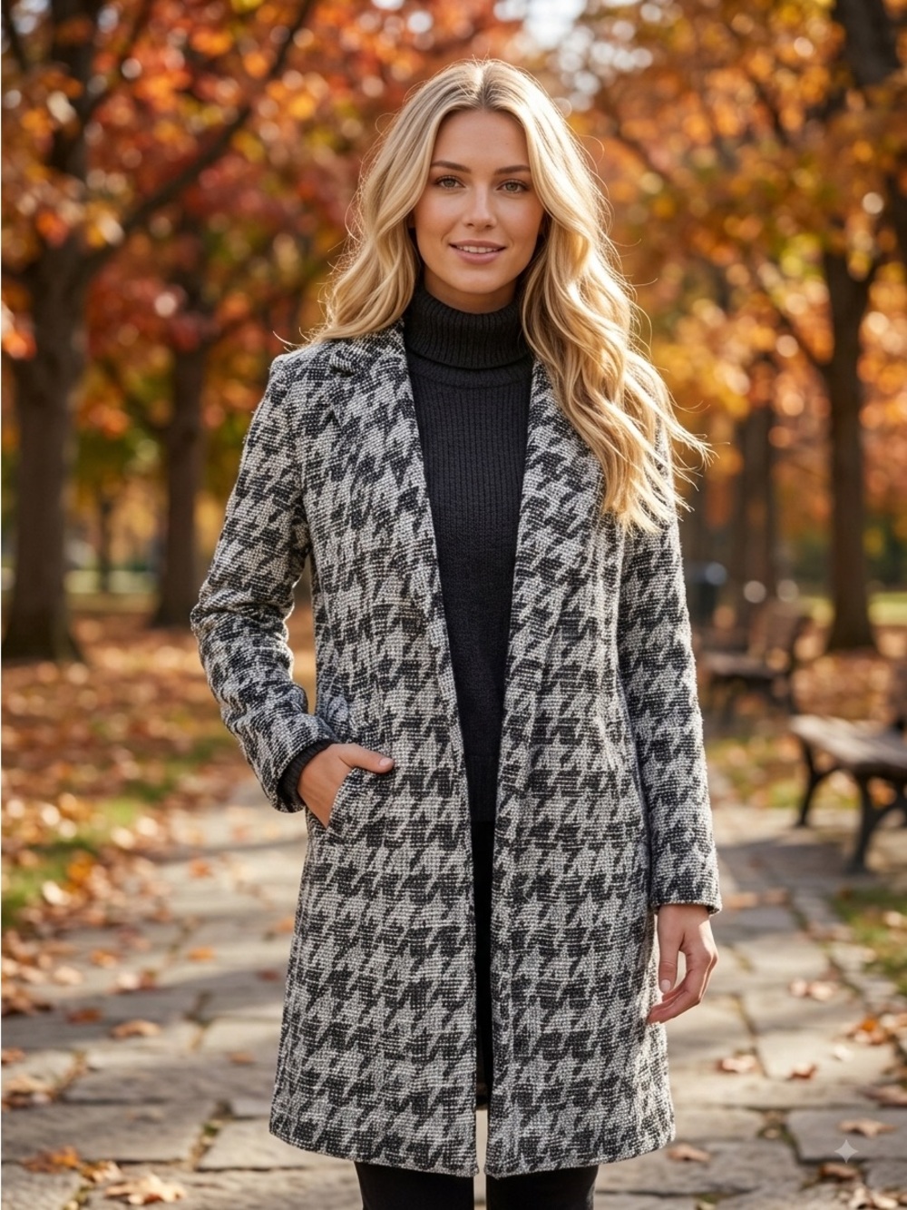 MELLODAY Metallic Houndstooth Plaid Longline Coatigan Jacket Small